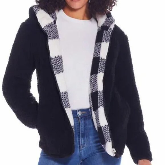 NWT Weatherproof Reversible Sherpa Zip Hoodie Black/White Buffalo Plaid Size S - Picture 12 of 16